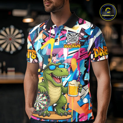 Funny Dinosaur Colorful Graffiti Darts Shirt For Men Custom Darts Team Jersey Polo, 1/4 Zip Shirt TDM7286