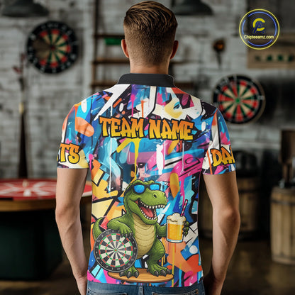 Funny Dinosaur Colorful Graffiti Darts Shirt For Men Custom Darts Team Jersey Polo, 1/4 Zip Shirt TDM7286