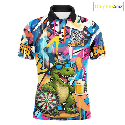 Funny Dinosaur Colorful Graffiti Darts Shirt For Men Custom Darts Team Jersey Polo, 1/4 Zip Shirt TDM7286