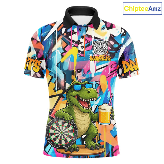 Funny Dinosaur Colorful Graffiti Darts Shirt For Men Custom Darts Team Jersey Polo, 1/4 Zip Shirt TDM7286