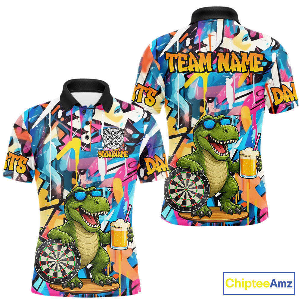 Funny Dinosaur Colorful Graffiti Darts Shirt For Men Custom Darts Team Jersey Polo, 1/4 Zip Shirt TDM7286
