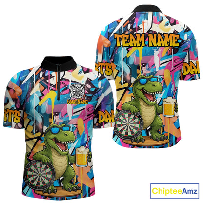 Funny Dinosaur Colorful Graffiti Darts Shirt For Men Custom Darts Team Jersey Polo, 1/4 Zip Shirt TDM7286