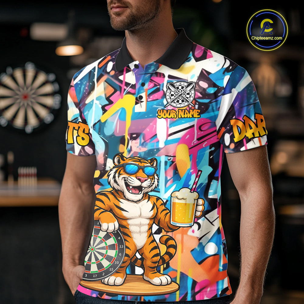 Funny Tiger Colorful Graffiti Darts Shirt For Men Custom Darts Team Jersey Polo, Quarter Zip Shirt TDM7287