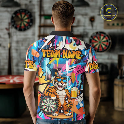 Funny Tiger Colorful Graffiti Darts Shirt For Men Custom Darts Team Jersey Polo, Quarter Zip Shirt TDM7287