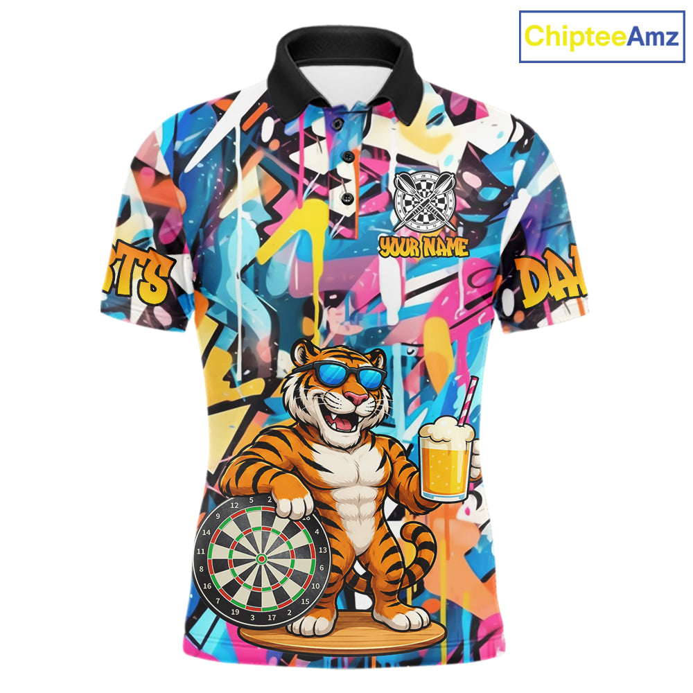 Funny Tiger Colorful Graffiti Darts Shirt For Men Custom Darts Team Jersey Polo, Quarter Zip Shirt TDM7287