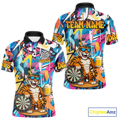 Funny Tiger Colorful Graffiti Darts Shirt For Men Custom Darts Team Jersey Polo, Quarter Zip Shirt TDM7287