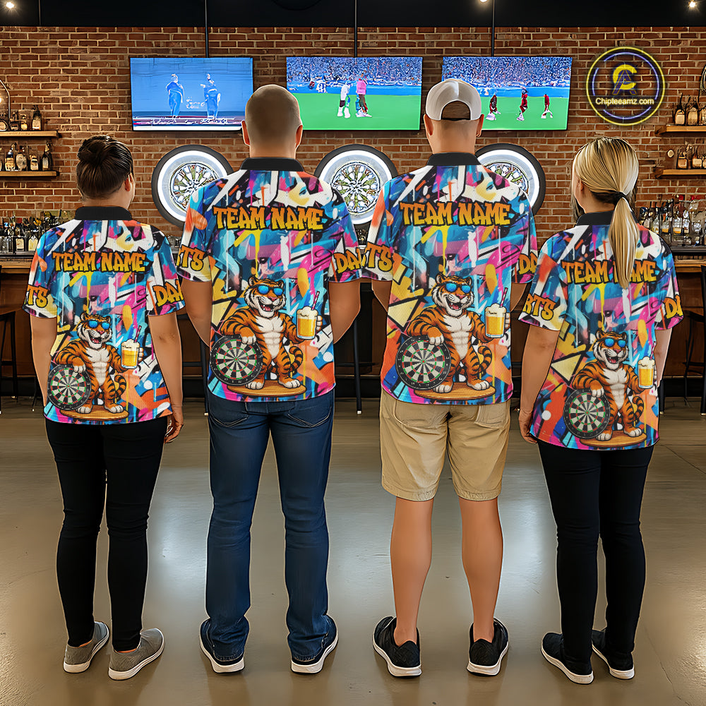 Funny Tiger Colorful Graffiti Darts Shirt For Men Custom Darts Team Jersey Polo, Quarter Zip Shirt TDM7287