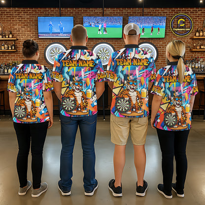 Funny Tiger Colorful Graffiti Darts Shirt For Men Custom Darts Team Jersey Polo, Quarter Zip Shirt TDM7287