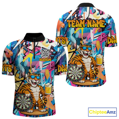 Funny Tiger Colorful Graffiti Darts Shirt For Men Custom Darts Team Jersey Polo, Quarter Zip Shirt TDM7287