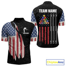 Load image into Gallery viewer, Personalized Grunge American Flag Men&#39;s Billiard Shirt, Patriotic Pool Team Shirt Polo &amp; 1/4 Zip TDM5242