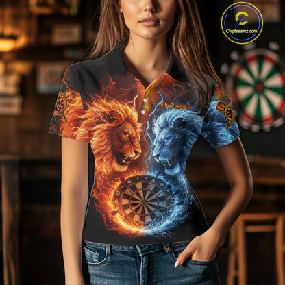 Blue And Orange Water Fire Lion Darts Shirt For Women Custom Lightning Dart Jerseys Polo & 1/4 Zip TDM5249