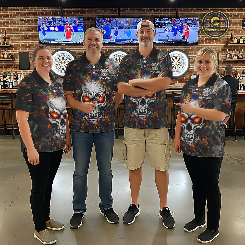 Colorful Grunge Skull Darts Polo & Quarter Zip For Men Custom Darts Team Jersey, Funny Darts Gifts TDM5503
