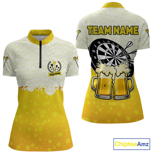 Personalized Yellow Funny Darts And Beer Women's Dart Shirts, Darts Team Jersey Polo & 1/4 Zip TDM5509