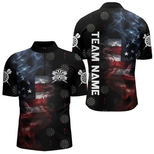 Smoke American Flag Darts Polo, Quarter-Zip Shirt Custom Patriotic Dart Shirts For Men Dart Jerseys TDM3454