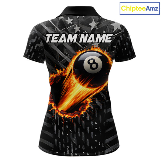 Black US Flag 8 Ball Fire Billiard Shirt For Women Custom Billiard Team Jersey Polo & 1/4 Zip TDM6122