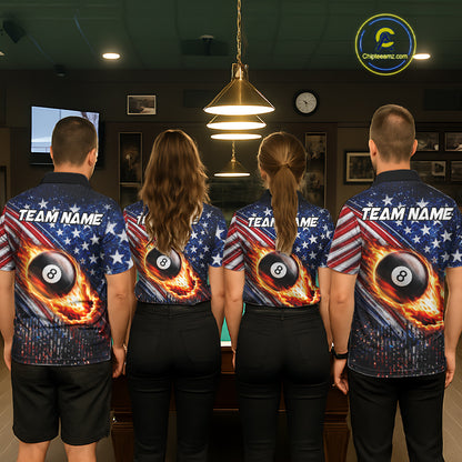 American Flag Fire 8 Ball Pool Billiard Shirt For Women Custom Billiard Team Jersey Polo & 1/4 Zip TDM6124