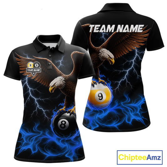 Blue Flaming Eagle 8 Ball & 9 Ball Billiard Shirts For Women Custom Pool Team Jersey Polo & 1/4 Zip TDM6561
