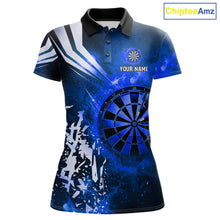 Load image into Gallery viewer, Blue fire dartboard darts polo shirt for women with custom darts team graphics.