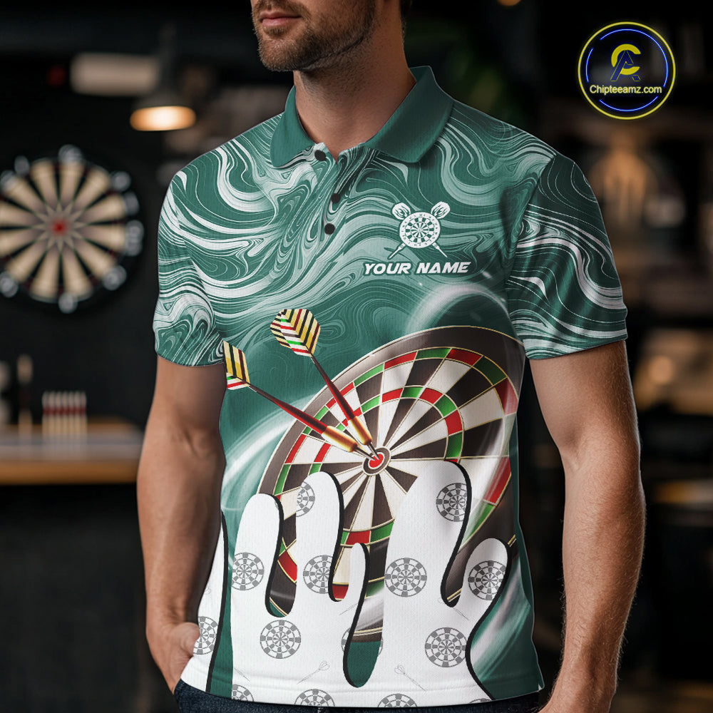 Man wearing a green marble swirl darts jersey front view.