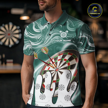Man wearing a green marble swirl darts jersey front view.