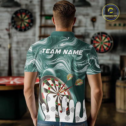 Back view of man wearing a green marble swirl darts shirt.