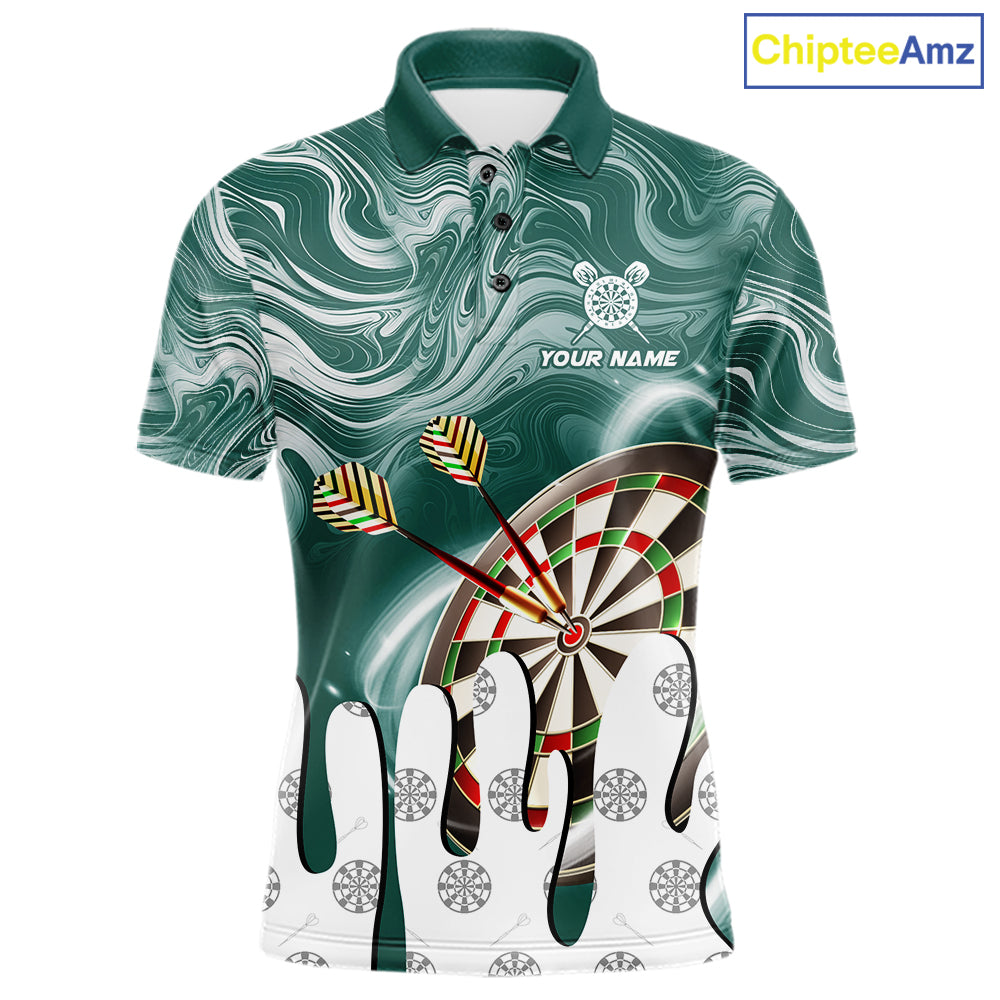 Green marble swirl darts polo shirt for men with custom darts team graphics.