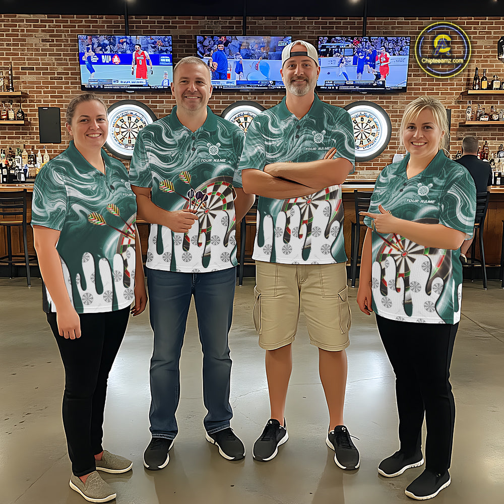 Darts team wearing matching green marble swirl darts jerseys during league competition front view.