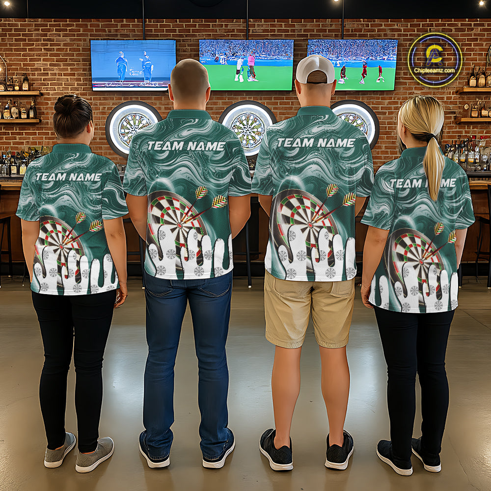 Back view of darts players wearing matching green marble swirl darts shirts.