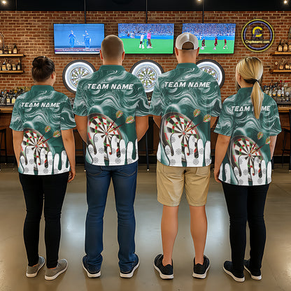 Back view of darts players wearing matching green marble swirl darts shirts.