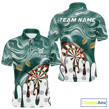 Green marble swirl darts polo shirt for men with custom darts team graphics.