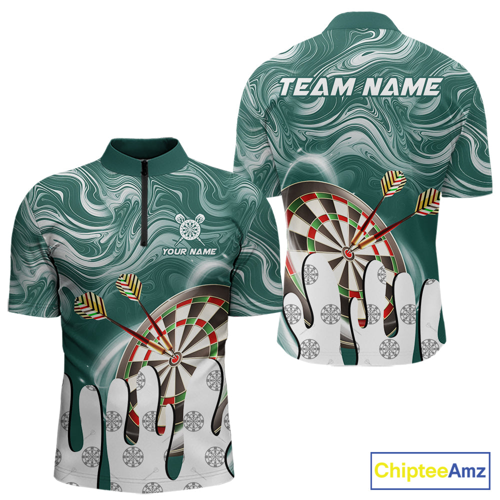 Green marble swirl darts quarter zip shirt for men designed for league tournaments and team events.