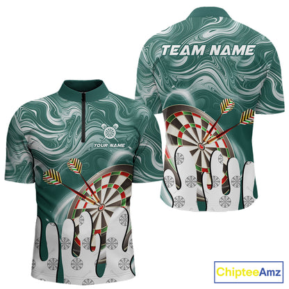 Green marble swirl darts quarter zip shirt for men designed for league tournaments and team events.