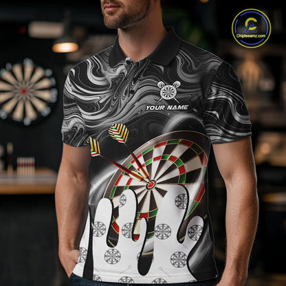 Man wearing a black marble swirl darts jersey front view.