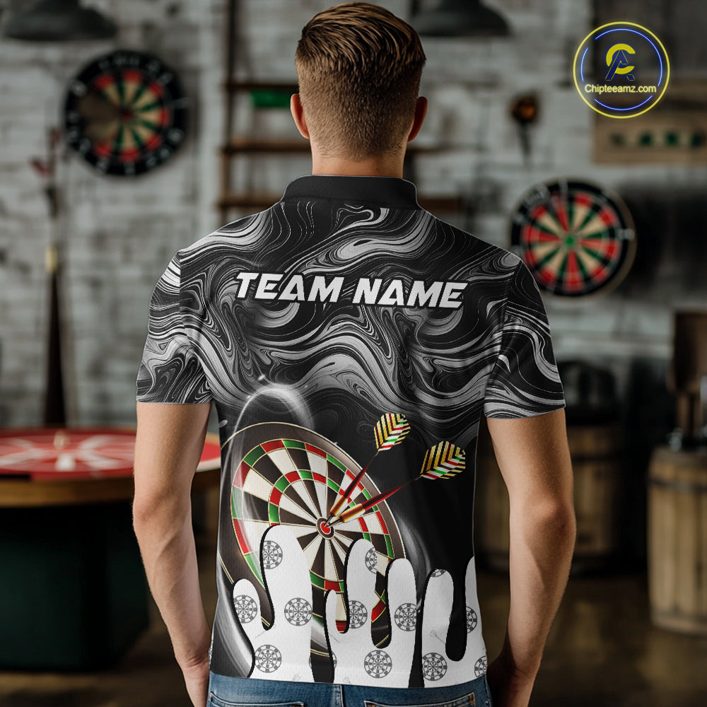 Back view of man wearing a black marble swirl darts shirt.