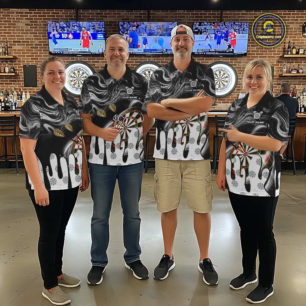 Darts team wearing matching black marble swirl darts jerseys during league competition front view.