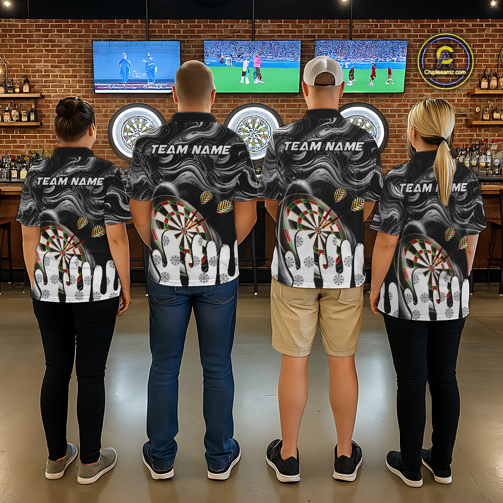 Back view of darts players wearing matching black marble swirl darts shirts.