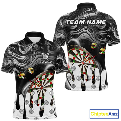 Black marble swirl darts polo shirt for men with custom darts team graphics.
