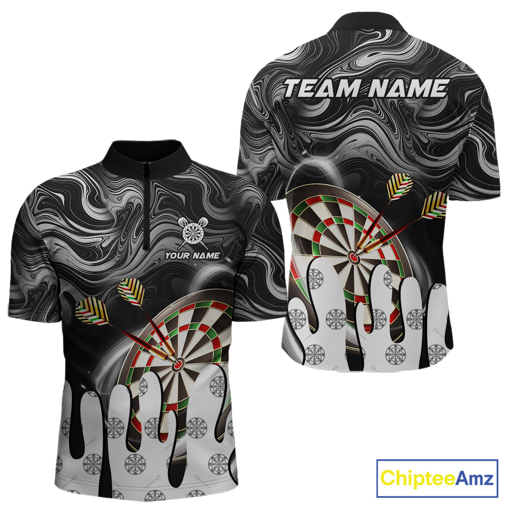 Black marble swirl darts quarter zip shirt for men designed for league tournaments and team events.