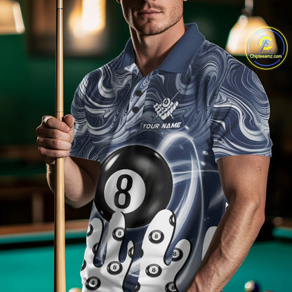 Man wearing a blue marble swirl 8 ball billiard jersey beside a pool table front view.