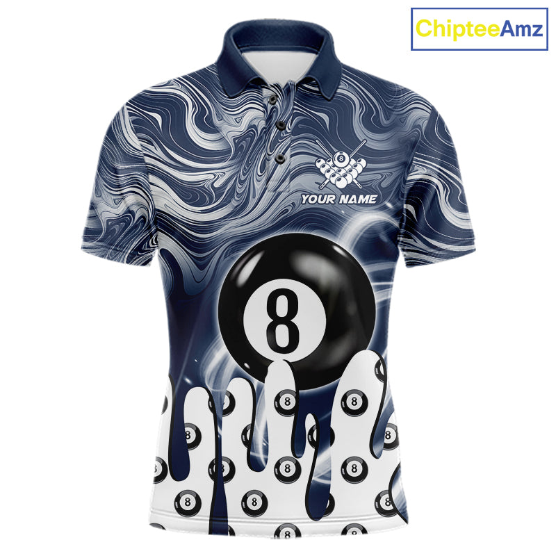 Blue marble swirl 8 ball billiard polo shirt for men with custom pool team graphics.