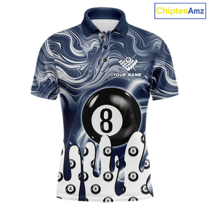 Blue marble swirl 8 ball billiard polo shirt for men with custom pool team graphics.