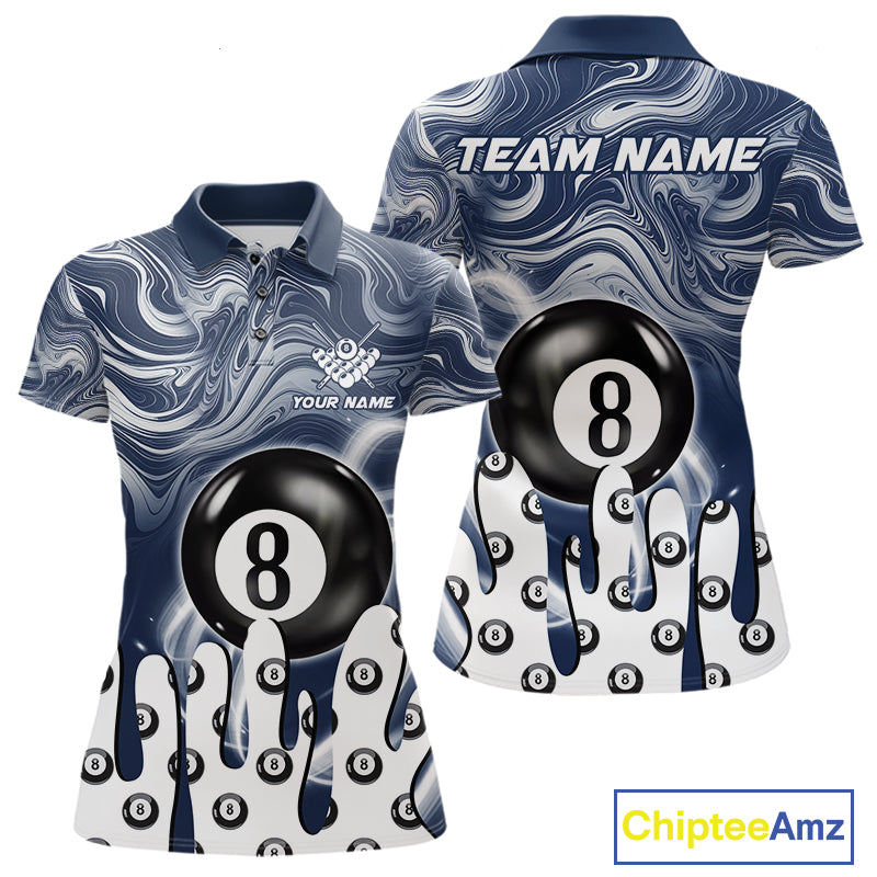 Blue marble swirl 8 ball billiard polo shirt for women with custom pool team graphics.