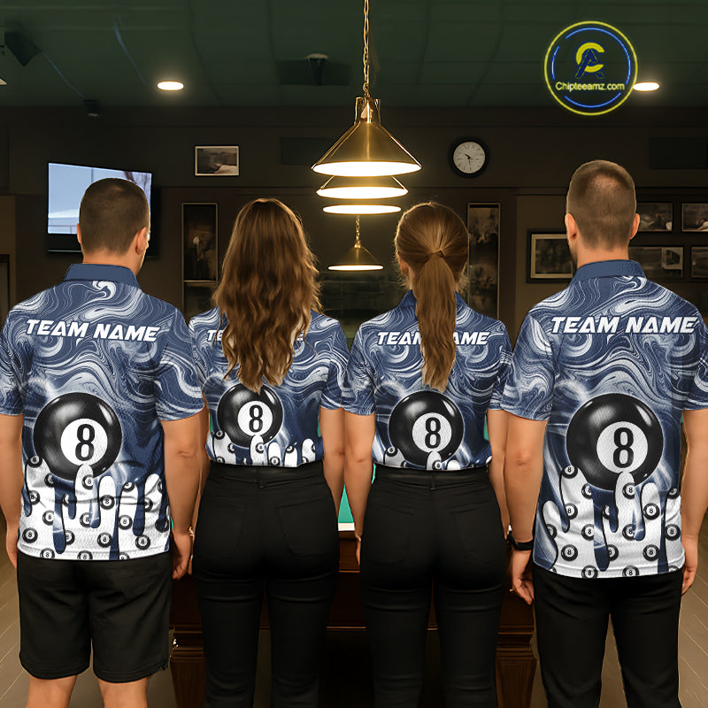 Back view of pool players wearing matching blue marble swirl billiard shirts in a game room.