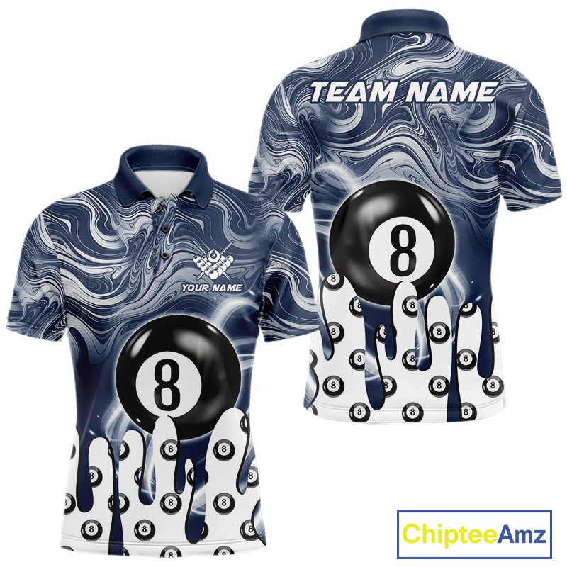 Blue marble swirl 8 ball billiard polo shirt for men with custom pool team graphics.