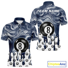 Load image into Gallery viewer, Blue marble swirl 8 ball billiard polo shirt for men with custom pool team graphics.