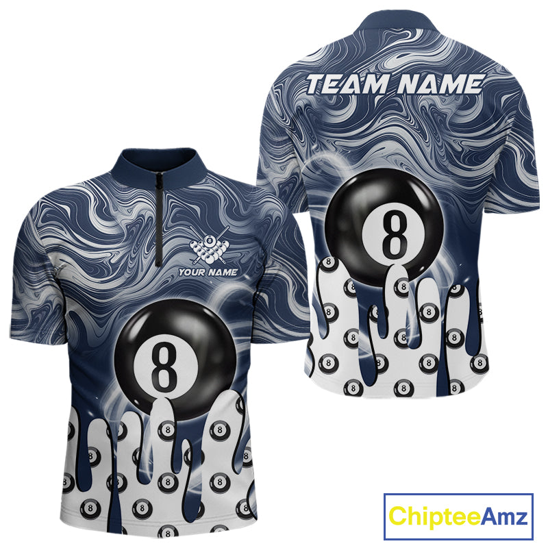 Blue marble swirl 8 ball billiard quarter zip shirt for men designed for league tournaments and team events.