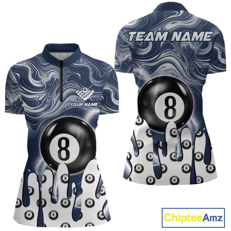 Blue marble swirl 8 ball billiard quarter zip shirt for women designed for league tournaments and team events.