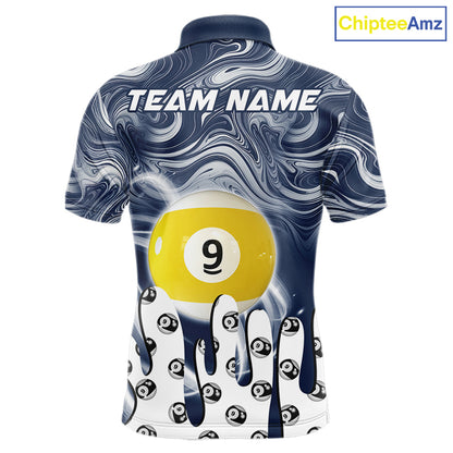 Blue marble swirl 8 ball and 9 ball billiard polo shirt for men with custom pool team graphics.