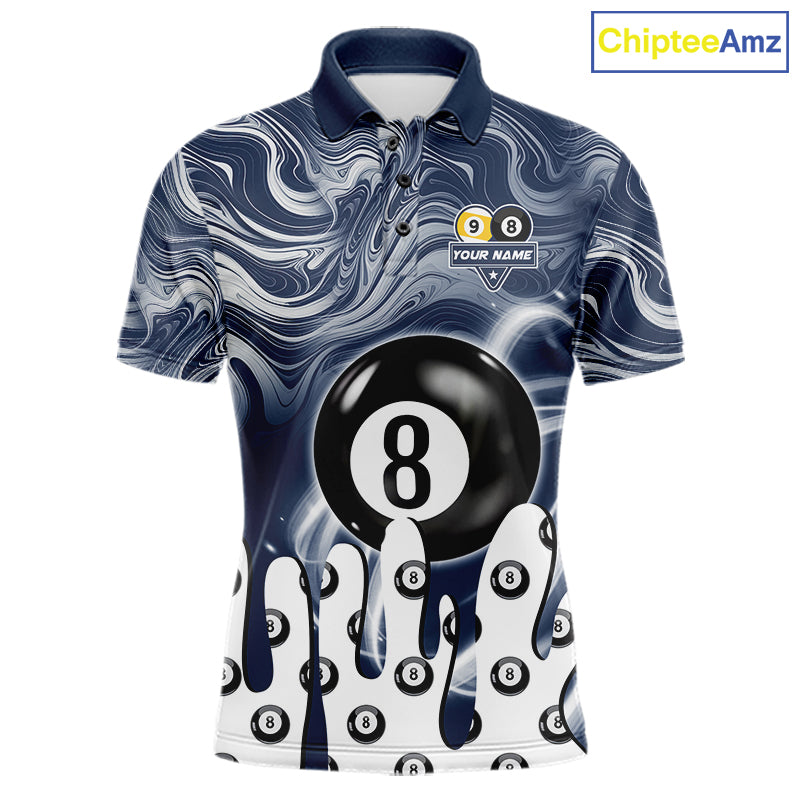 Blue marble swirl 8 ball and 9 ball billiard polo shirt for men with custom pool team graphics.