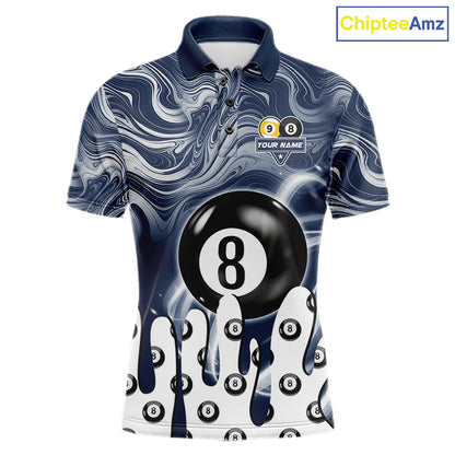 Blue marble swirl 8 ball and 9 ball billiard polo shirt for men with custom pool team graphics.